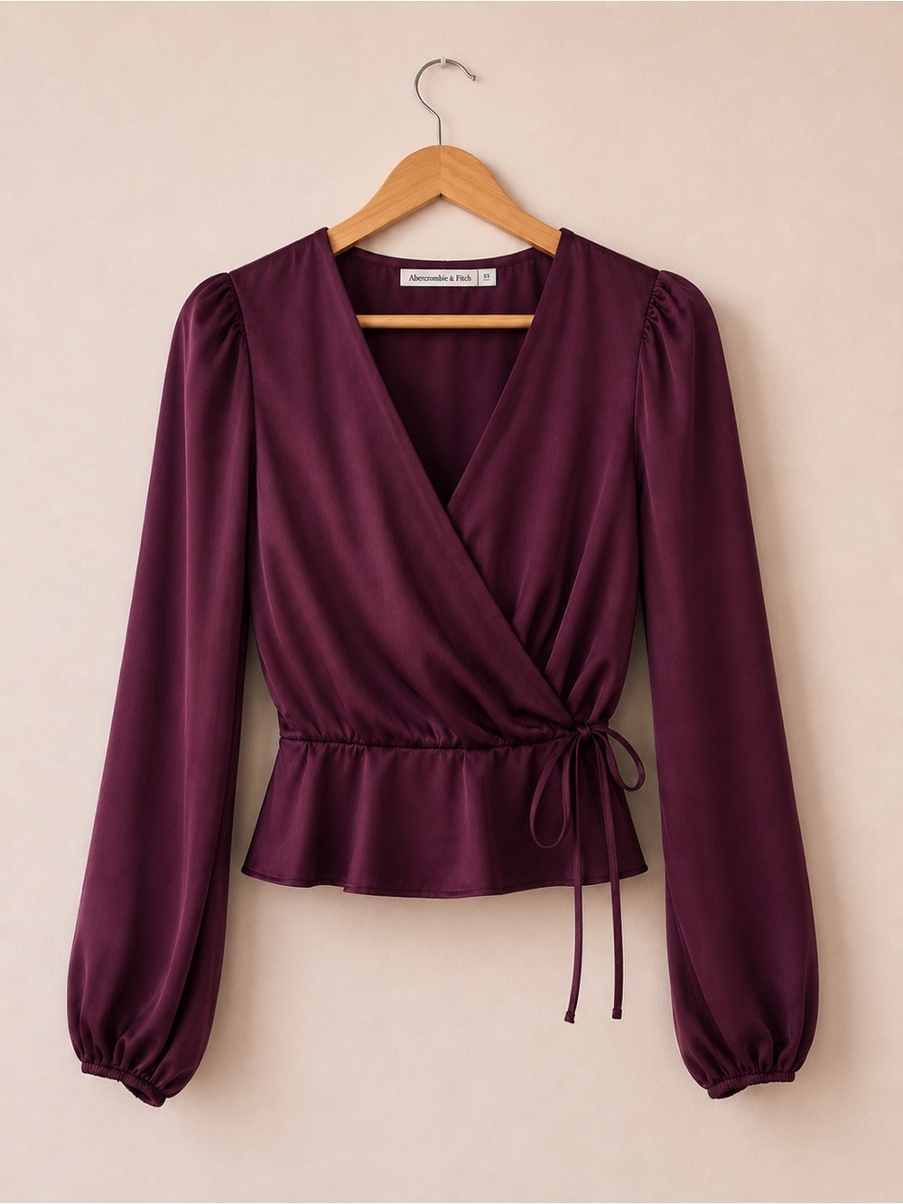 Abercrombie & Fitch Plum Purple Satin Wrap Blouse Long Sleeve Peplum Top XS
